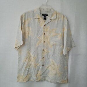 Cotton Reel Silks Shirt Men L Beige Silk Linen‎ Floral Hawaiian Tropical Beach